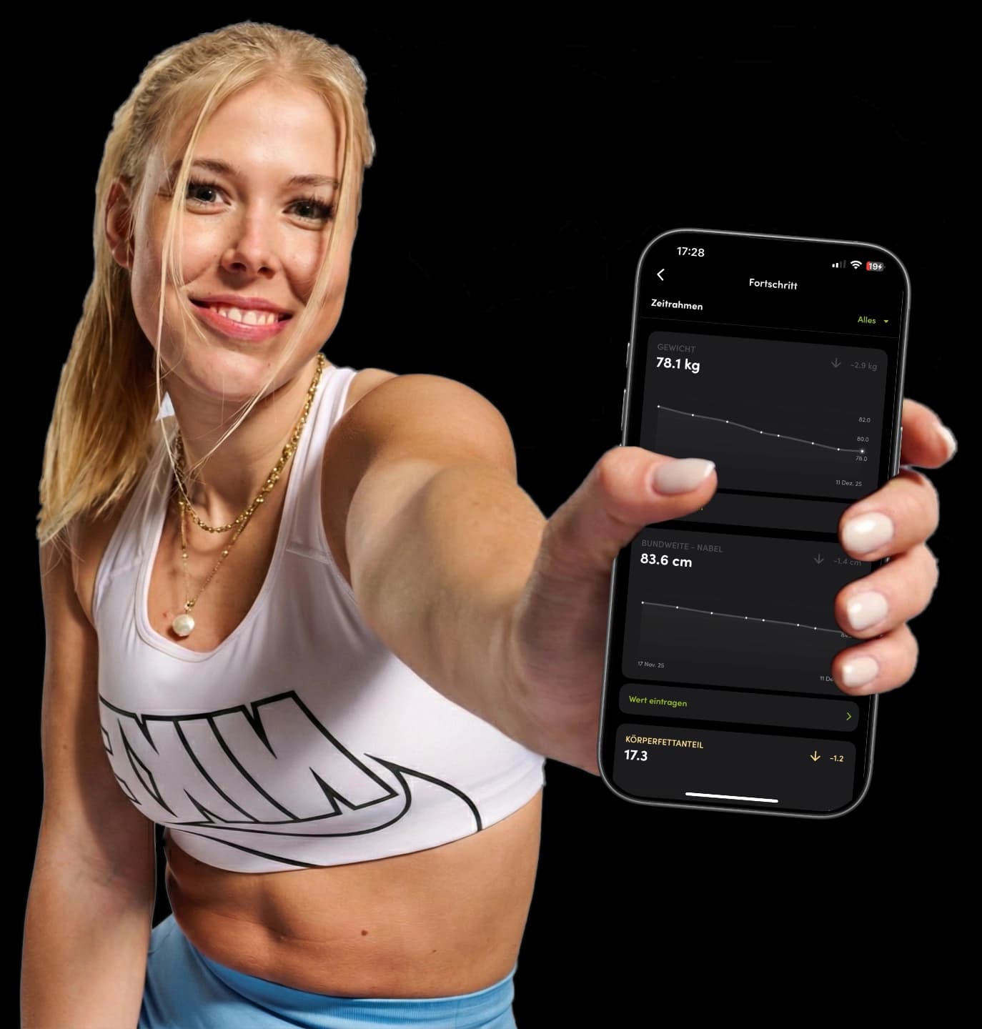Mitglied mit Smartphone und geoffneter speedfitness App.